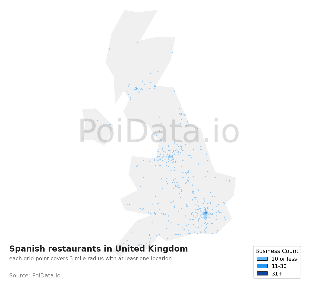 Spanish restaurant density map for United Kingdom