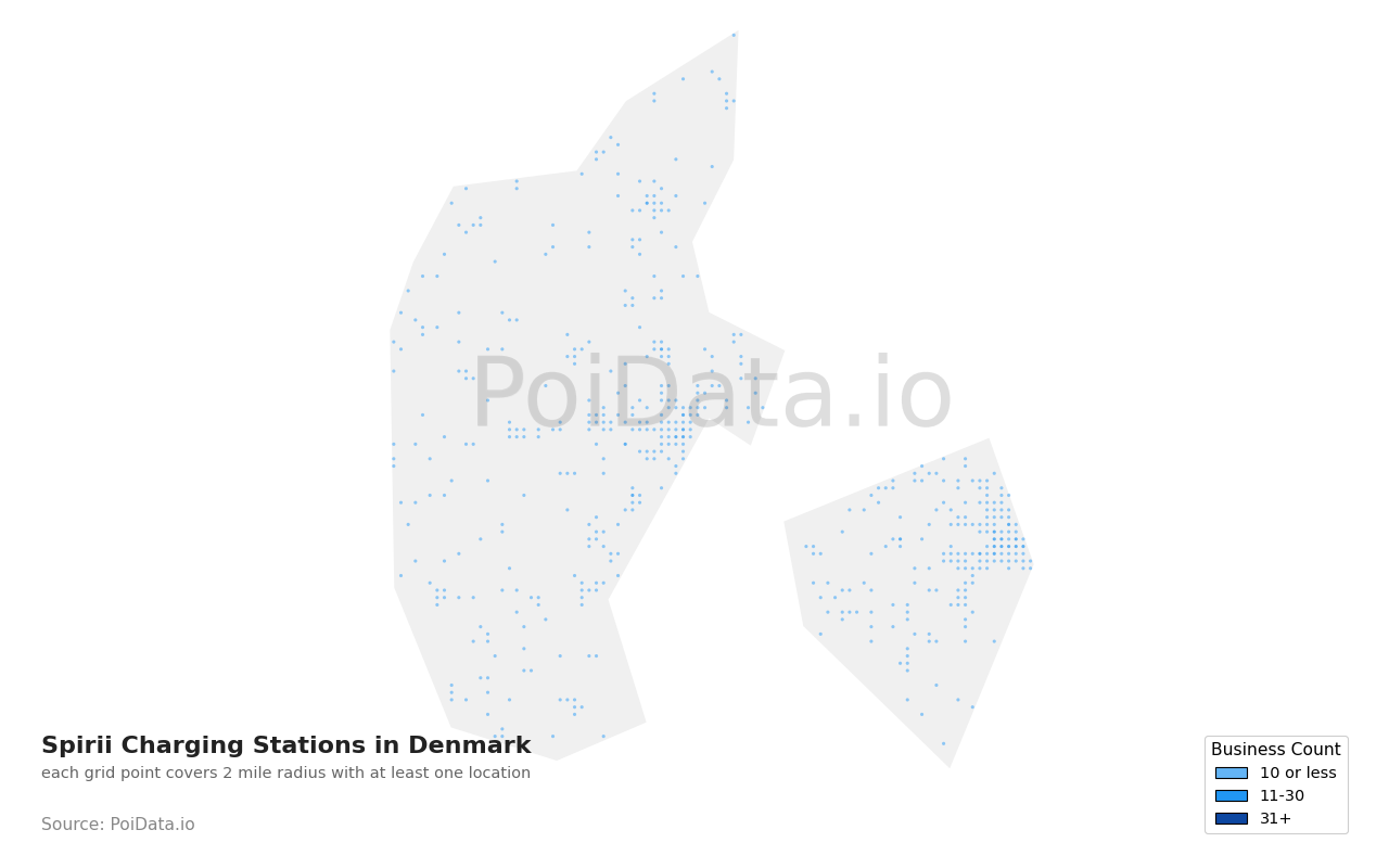 Spirii Charging Station density map for Denmark