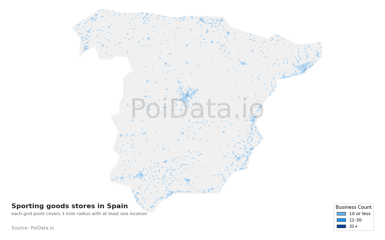 Sporting goods store density map for Spain
