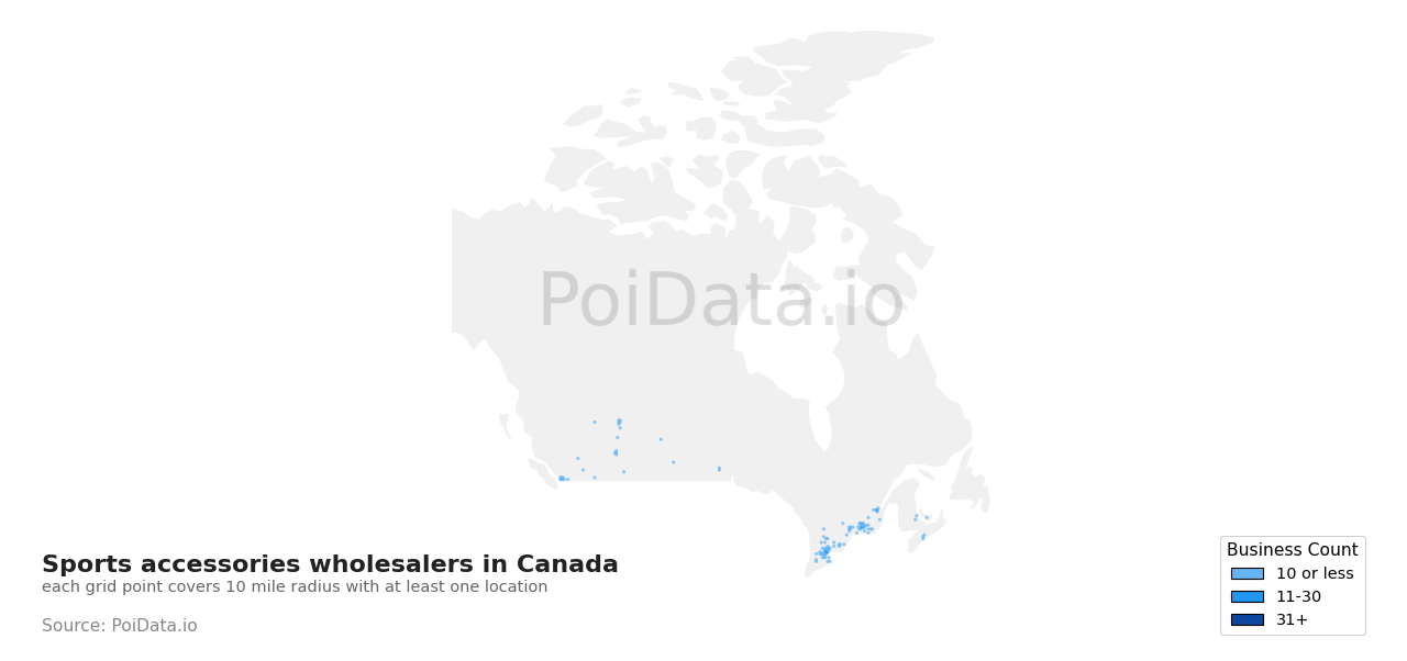 Sports accessories wholesaler density map for Nova Scotia, Canada
