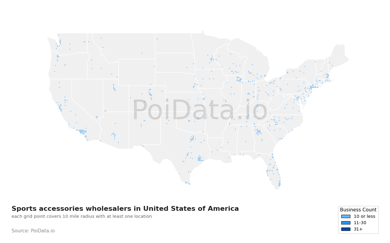 Sports accessories wholesaler density map for United States
