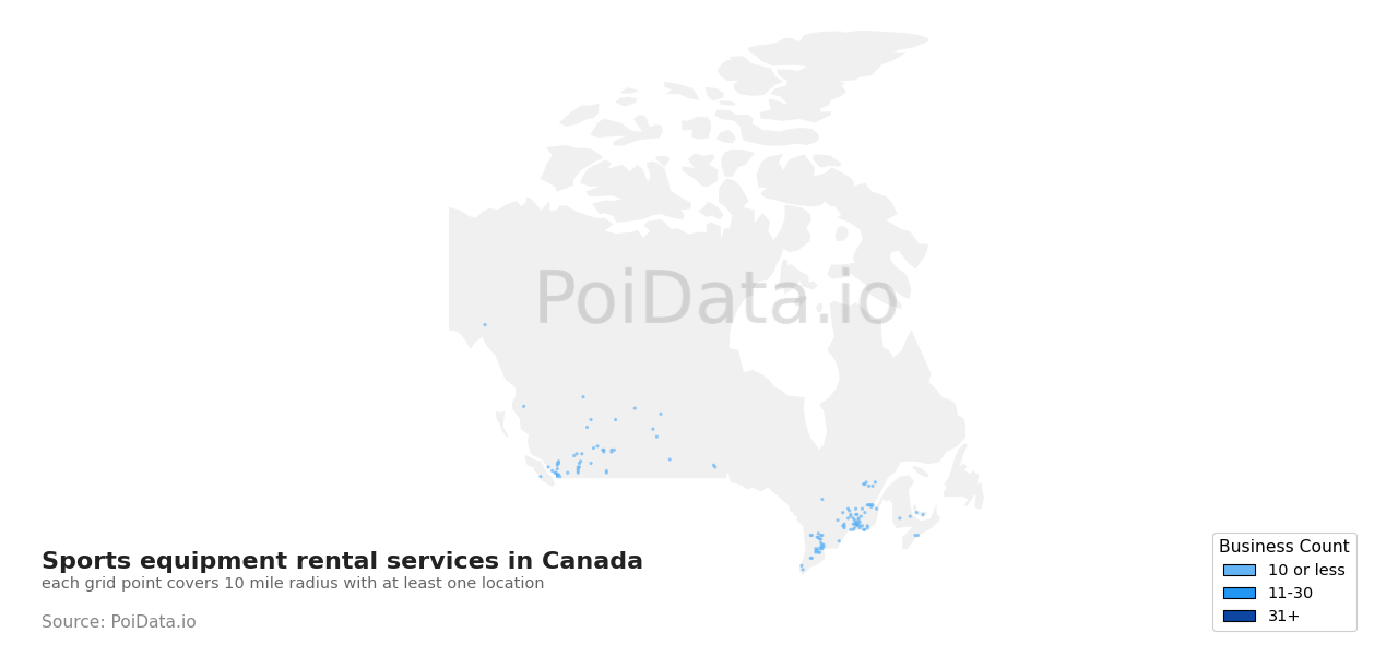 Sports equipment rental service density map for Alberta, Canada