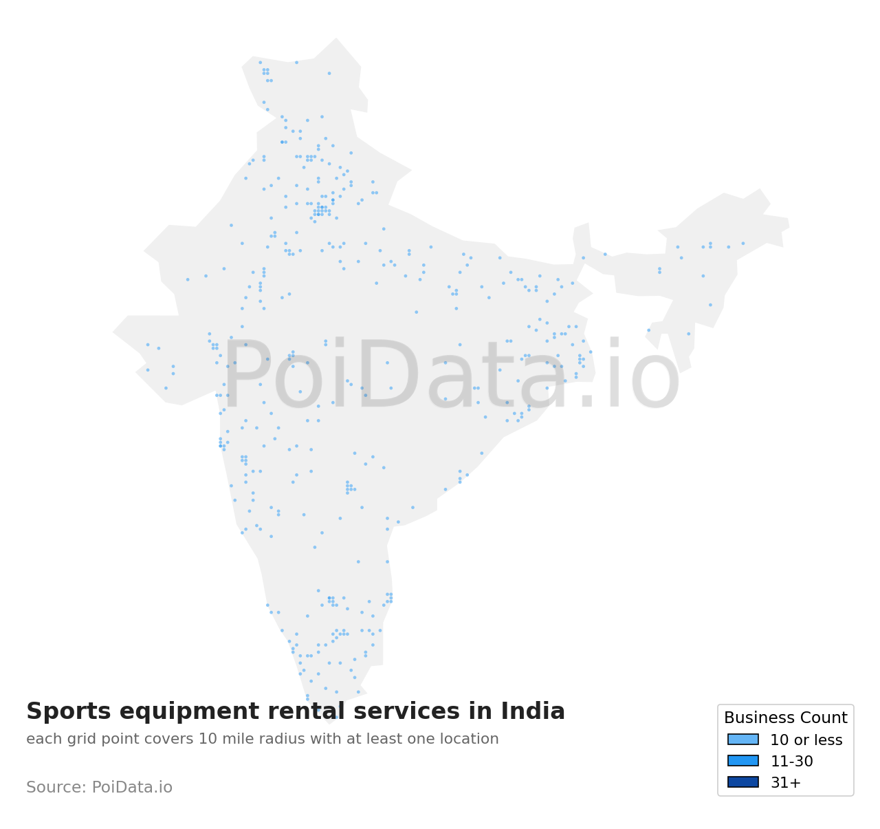 Sports equipment rental service density map for India
