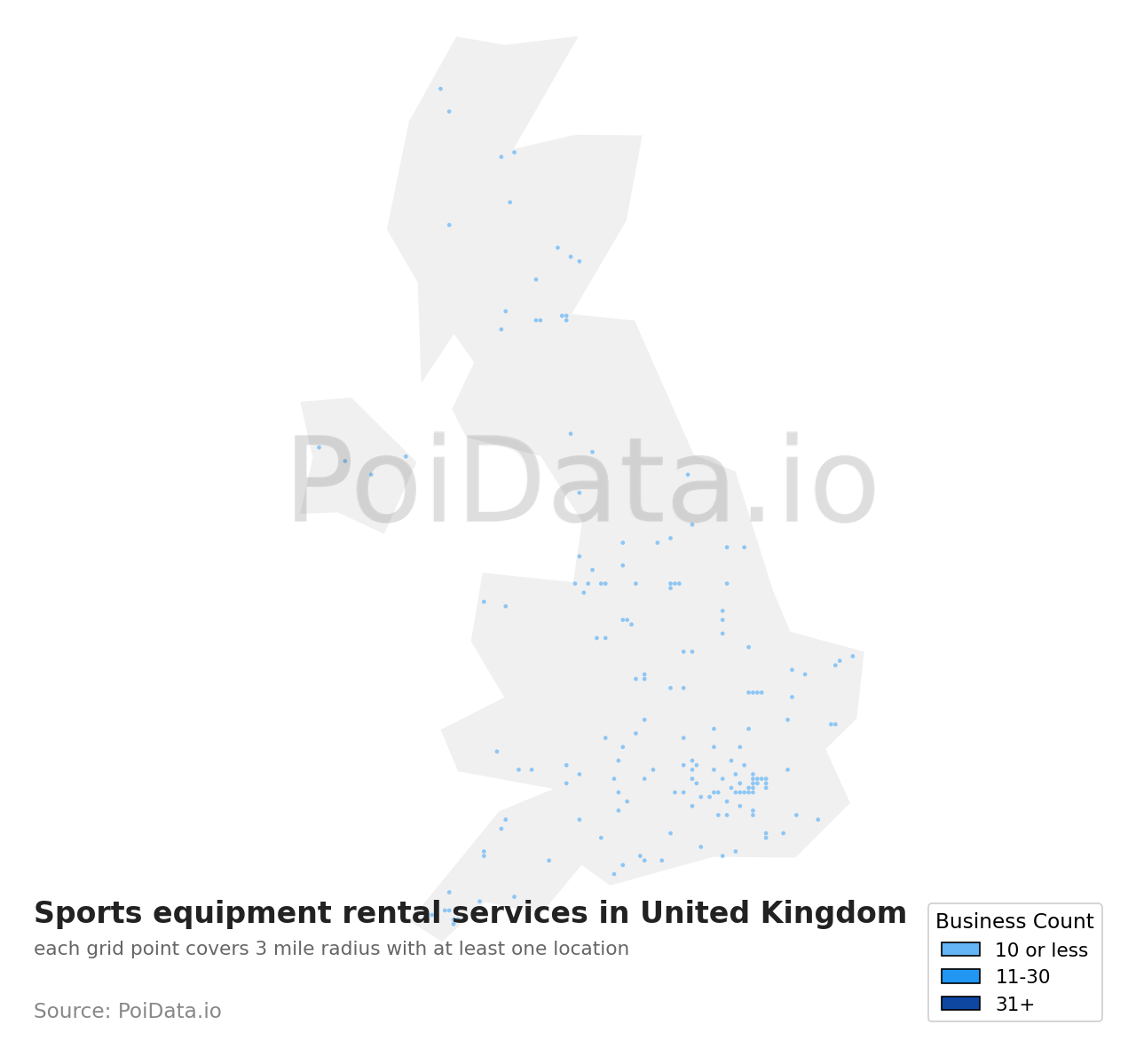 Sports equipment rental service density map for United Kingdom