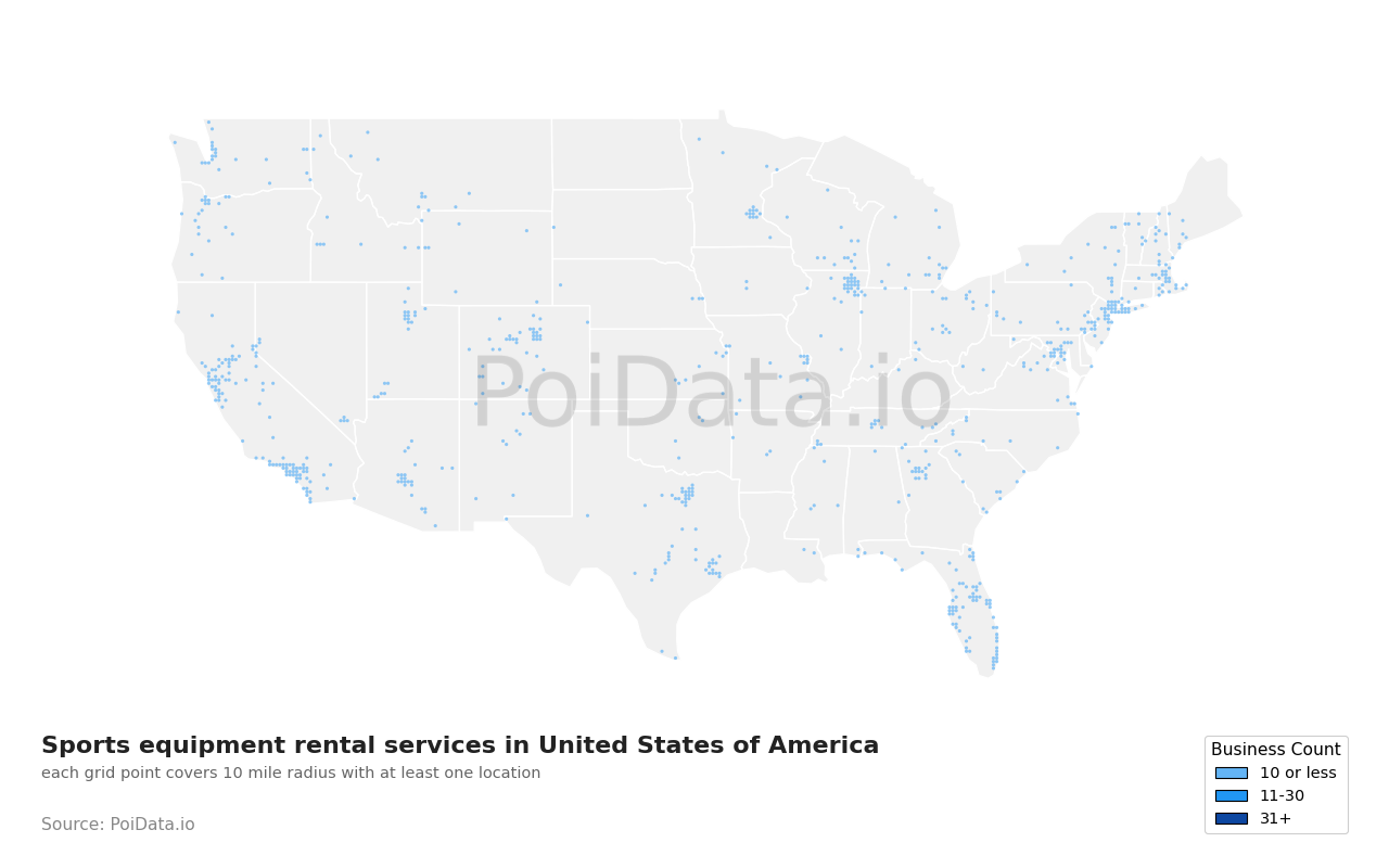 Sports equipment rental service density map for United States