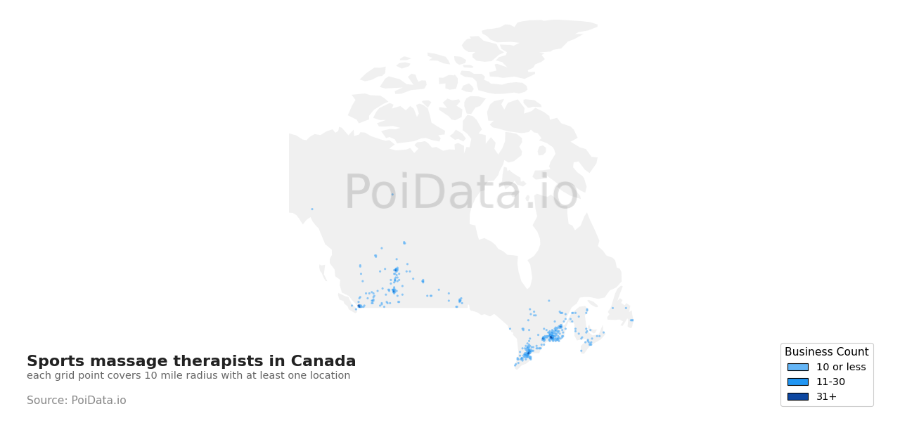 Sports massage therapist density map for Alberta, Canada
