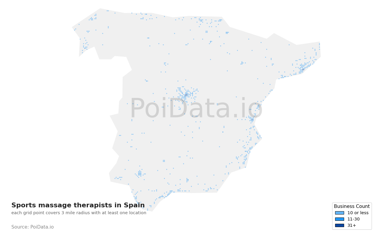 Sports massage therapist density map for Spain
