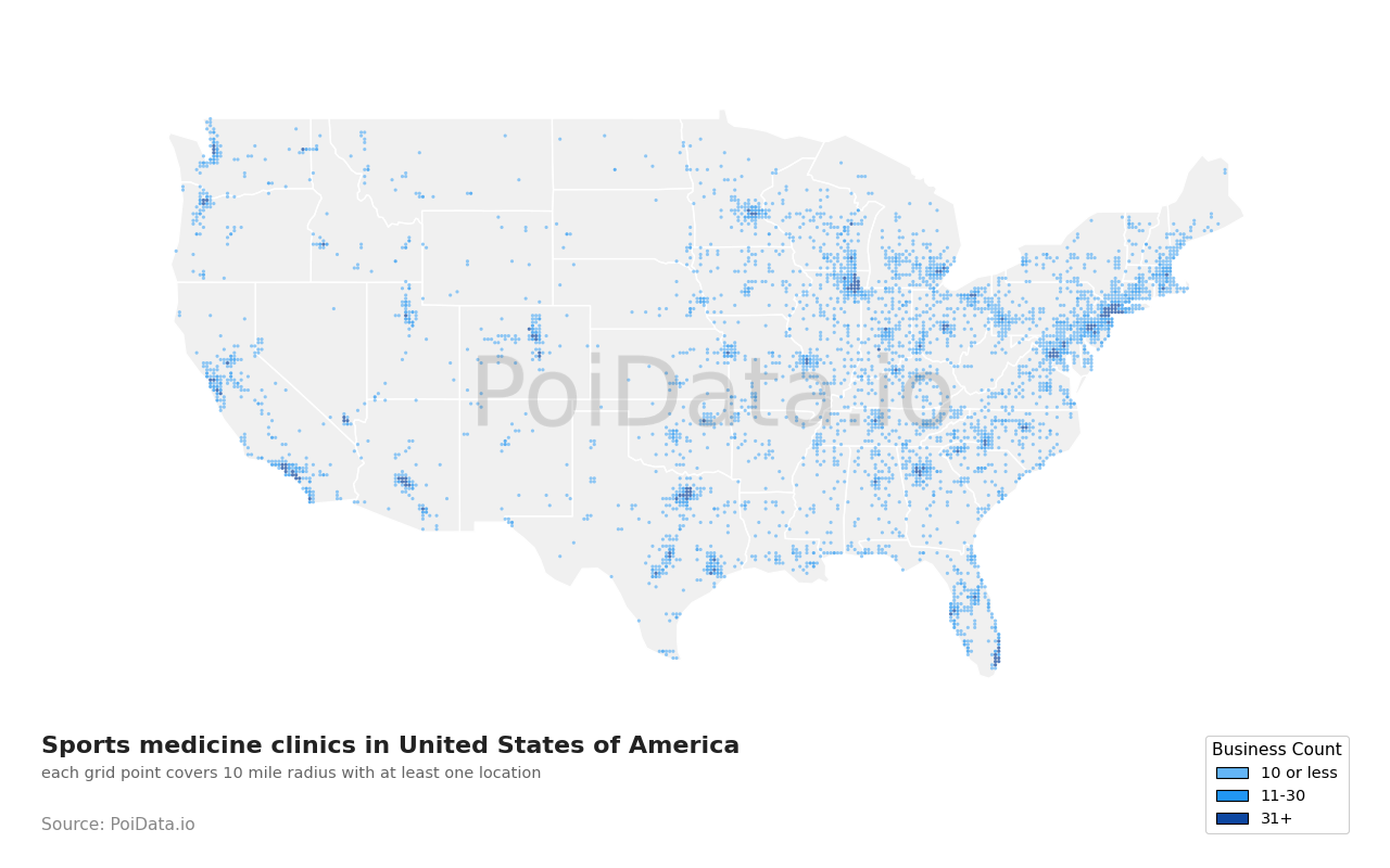 Sports medicine clinic density map for United States