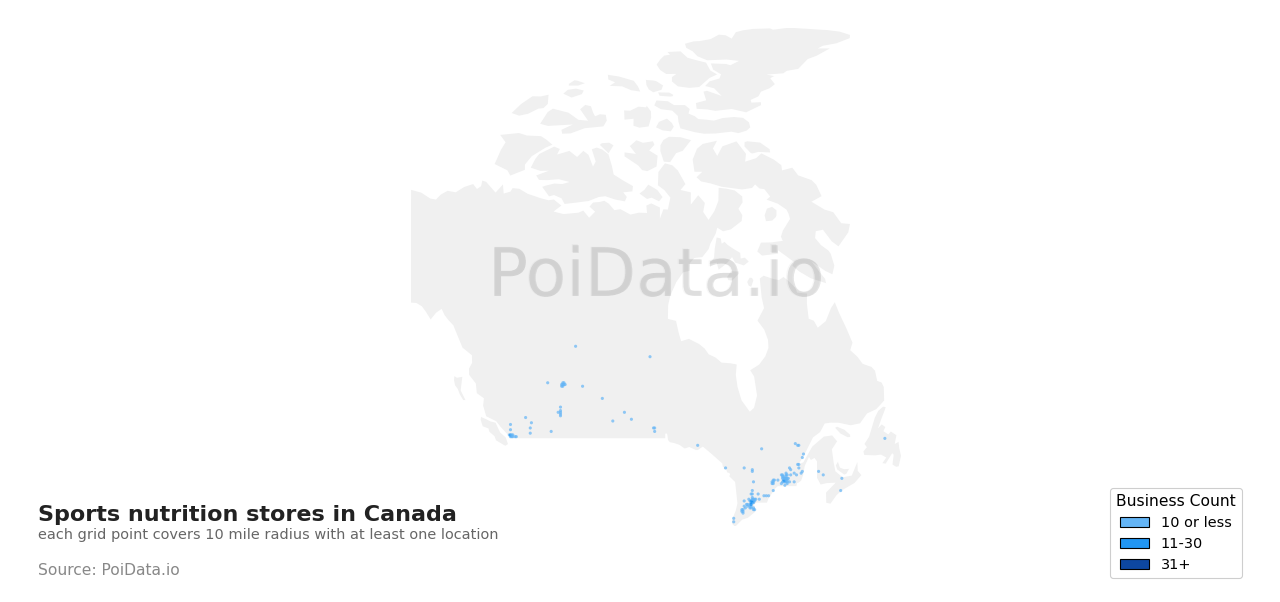 Sports nutrition store density map for Manitoba, Canada