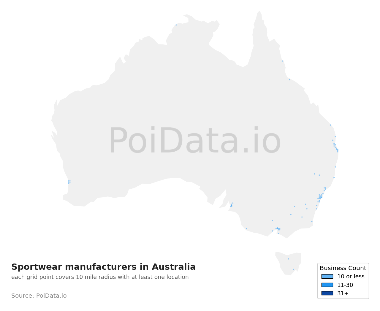 Sportwear manufacturer density map for Australia