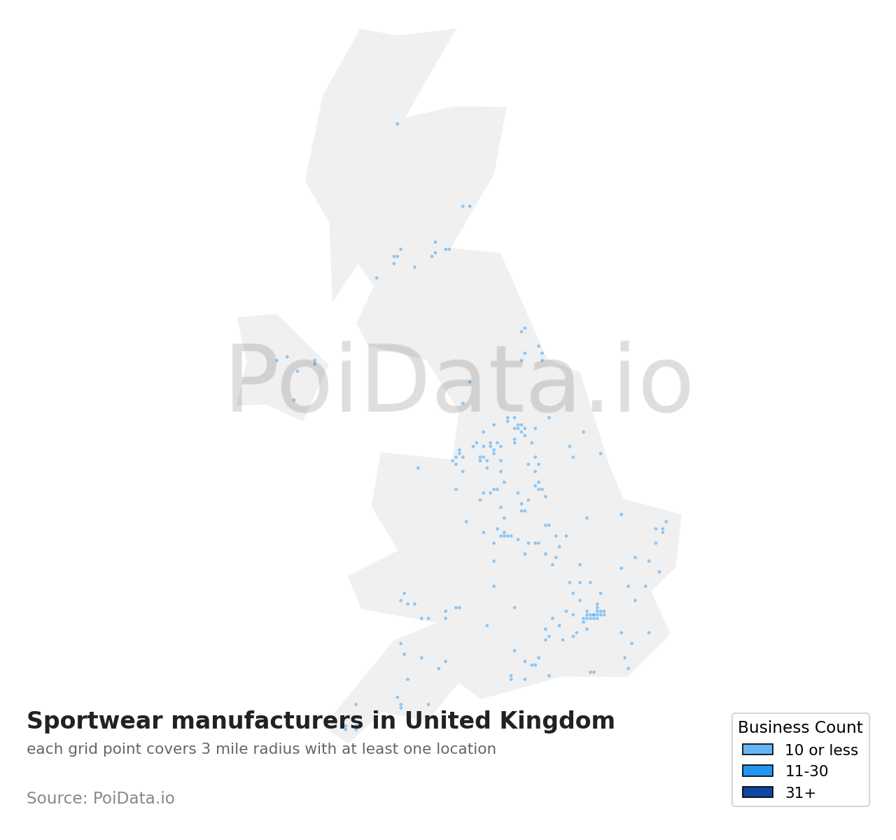 Sportwear manufacturer density map for United Kingdom