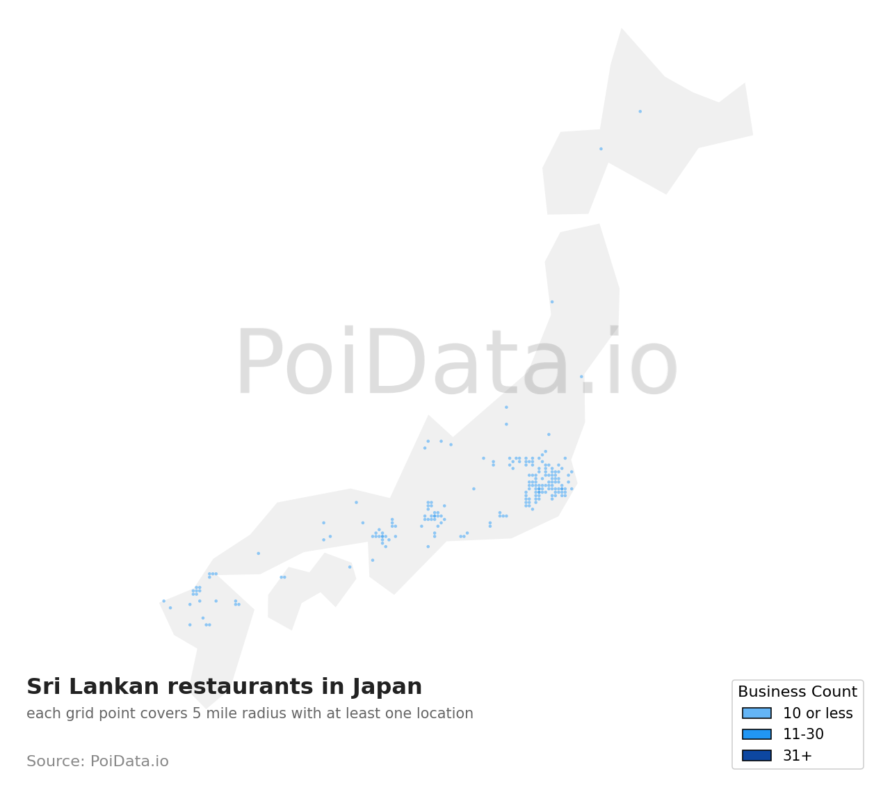 Sri Lankan restaurant density map for Japan