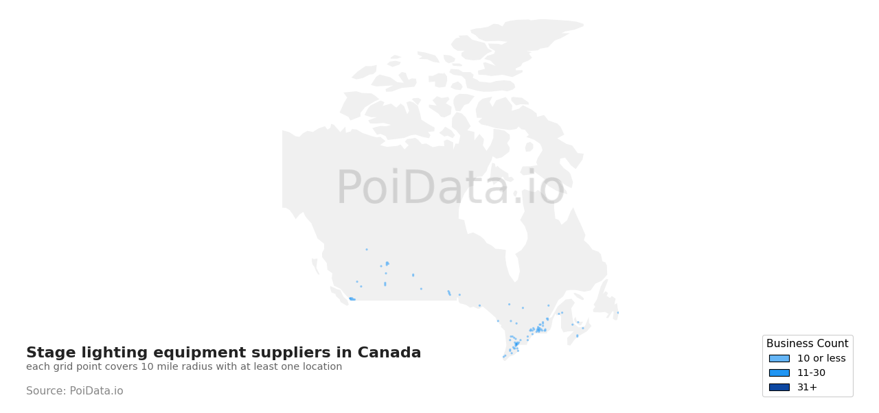 Stage lighting equipment supplier density map for British Columbia, Canada