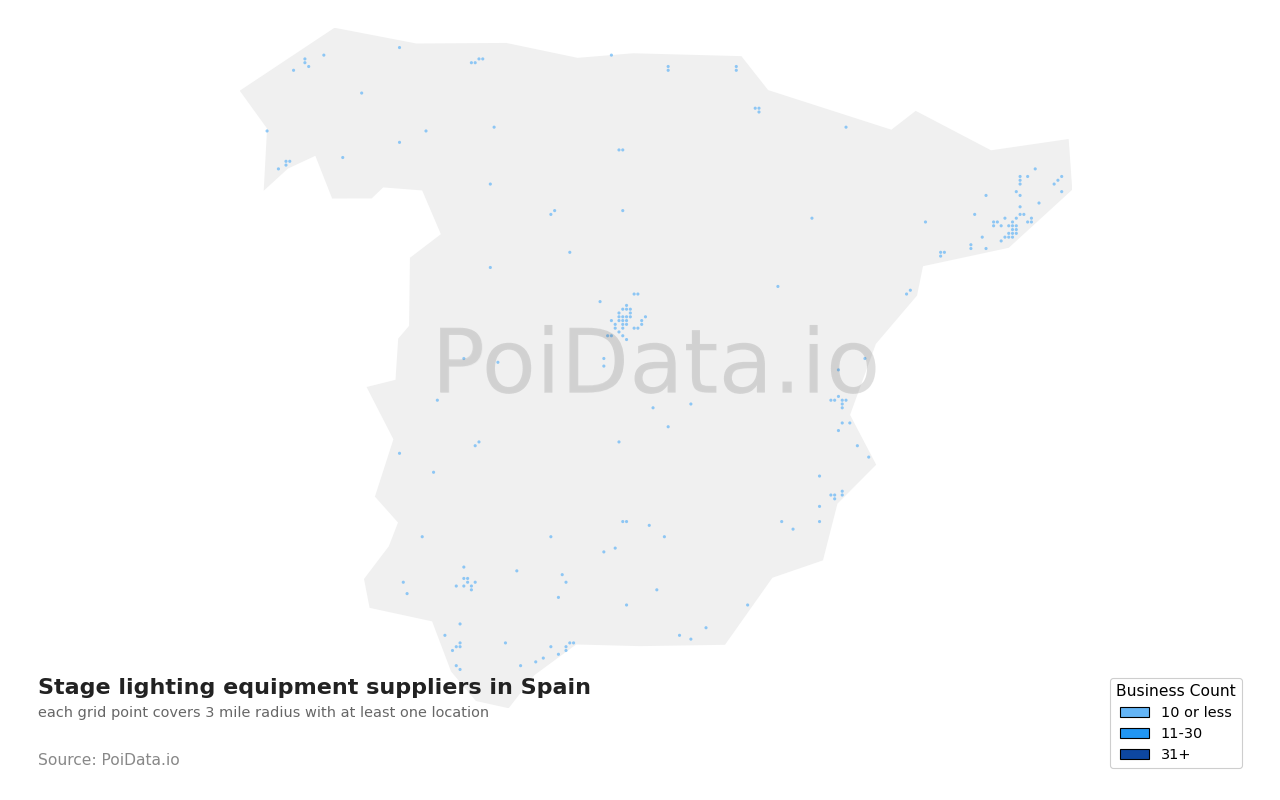Stage lighting equipment supplier density map for Spain