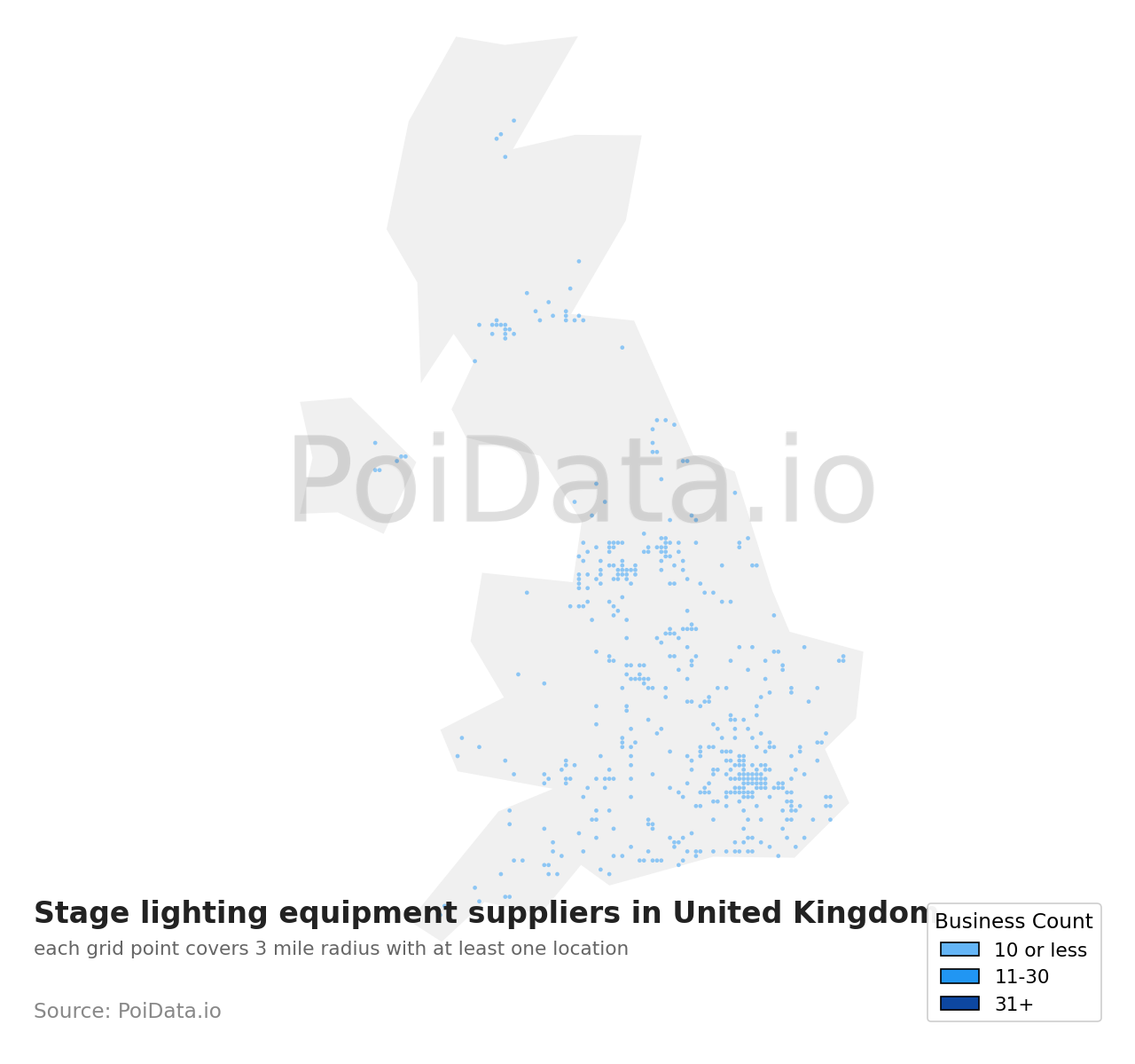 Stage lighting equipment supplier density map for United Kingdom