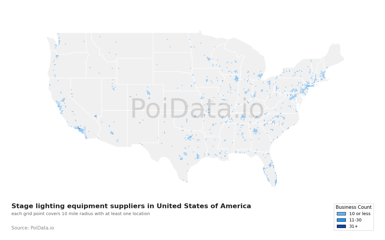 Stage lighting equipment supplier density map for Nevada, United States