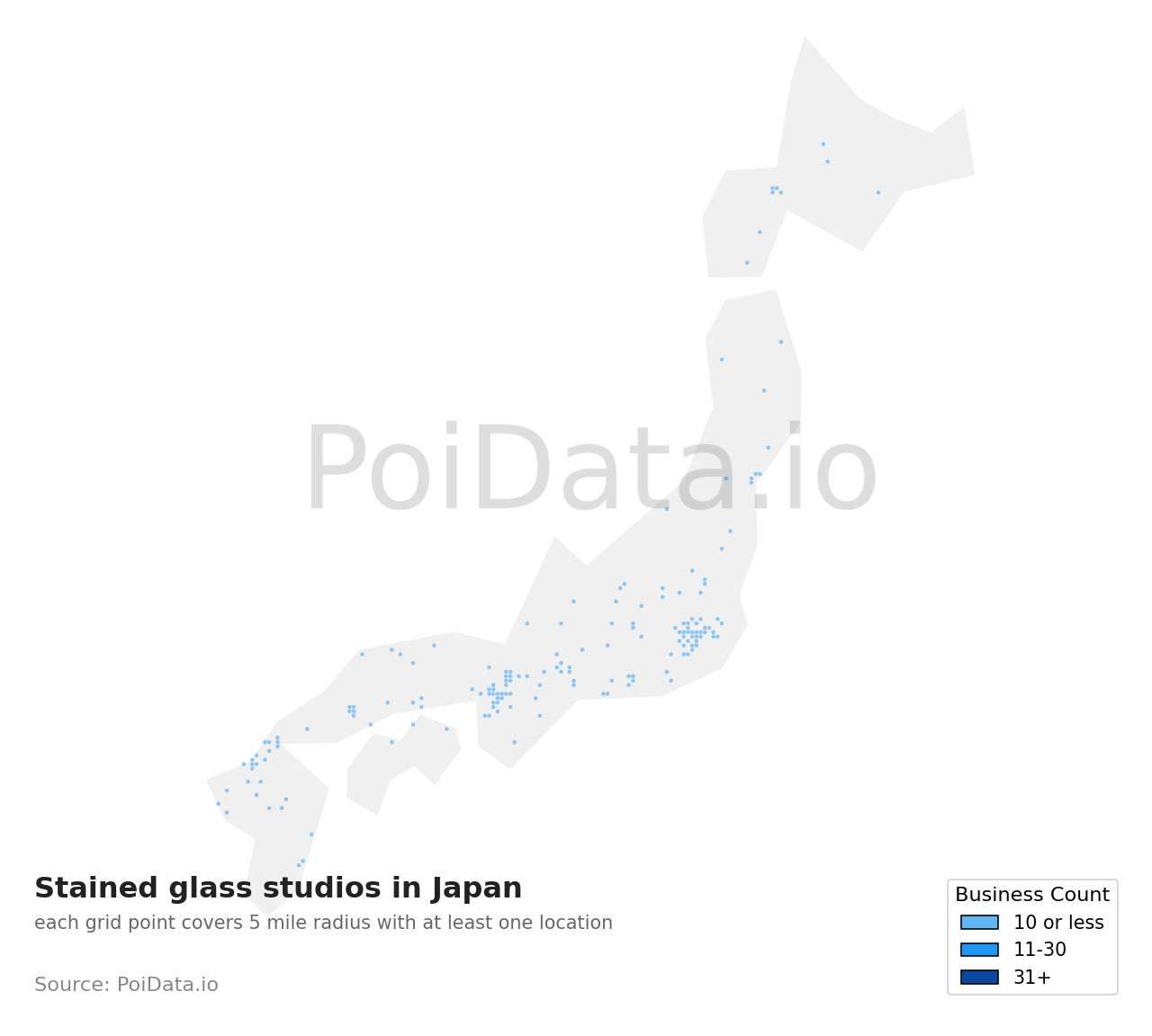 Stained glass studio density map for Nagano, Japan