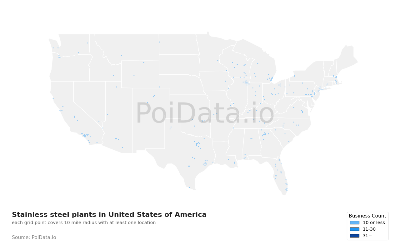 Stainless steel plant density map for United States