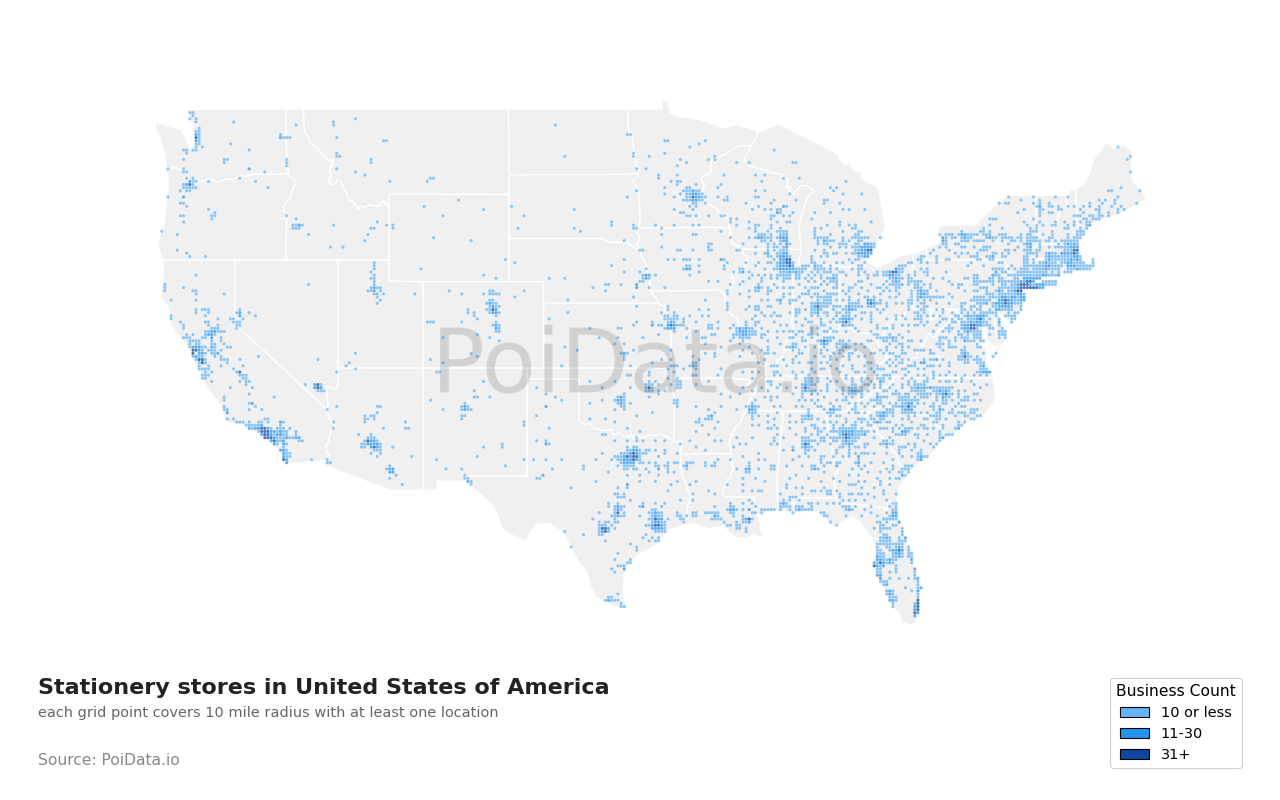 Stationery store density map for Tennessee, United States