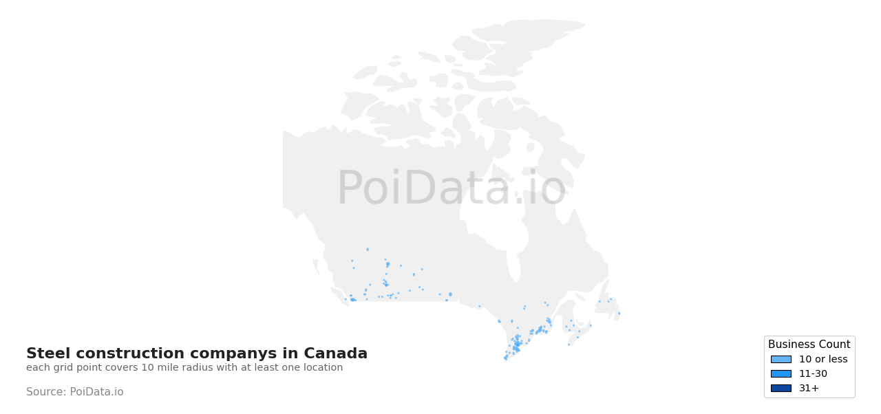 Steel construction company density map for Quebec, Canada