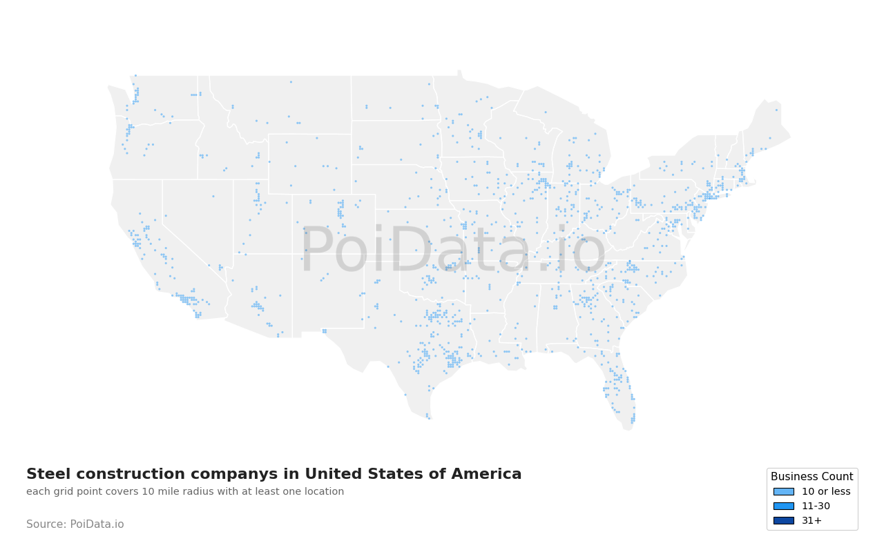 Steel construction company density map for United States