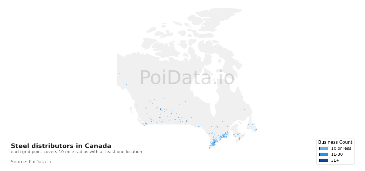 Steel distributor density map for Ontario, Canada