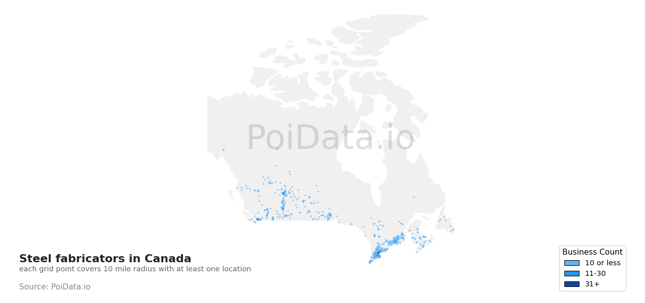 Steel fabricator density map for New Brunswick, Canada