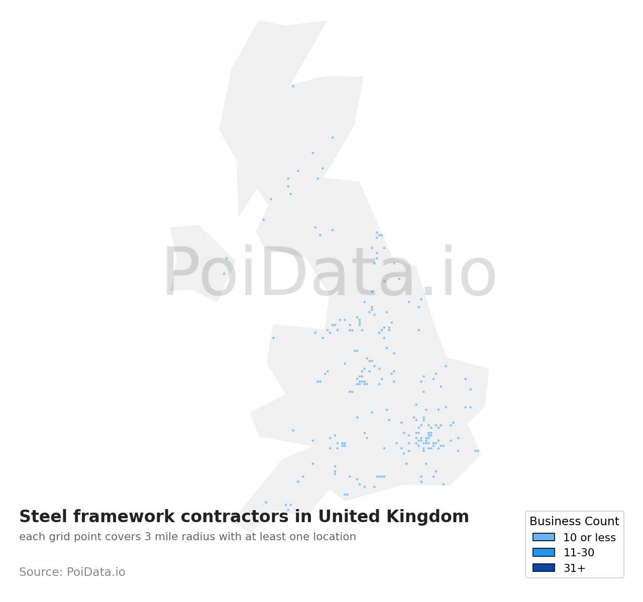 Steel framework contractor density map for United Kingdom