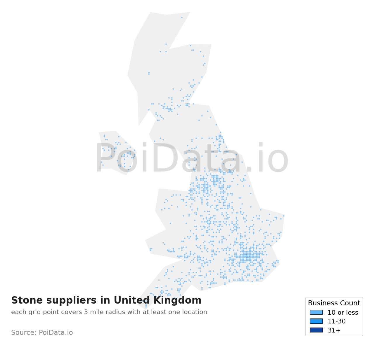 Stone supplier density map for United Kingdom