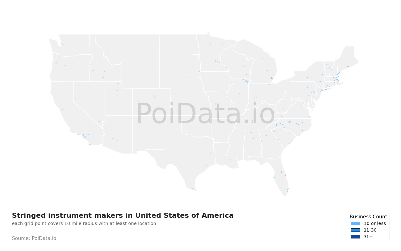 Stringed instrument maker density map for United States