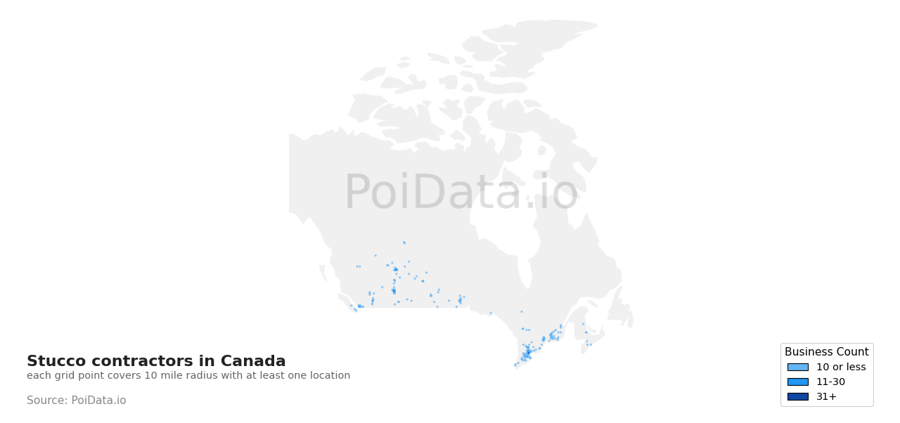 Stucco contractor density map for Manitoba, Canada