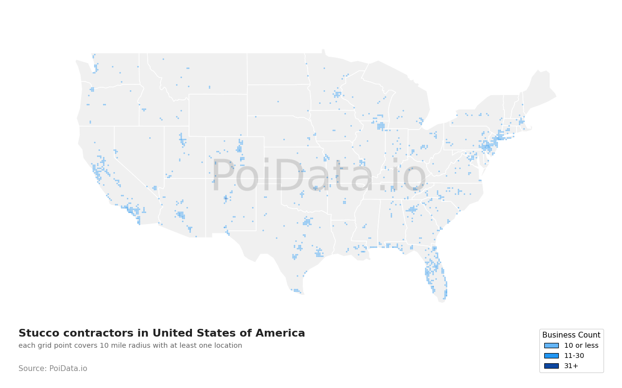 Stucco contractor density map for United States