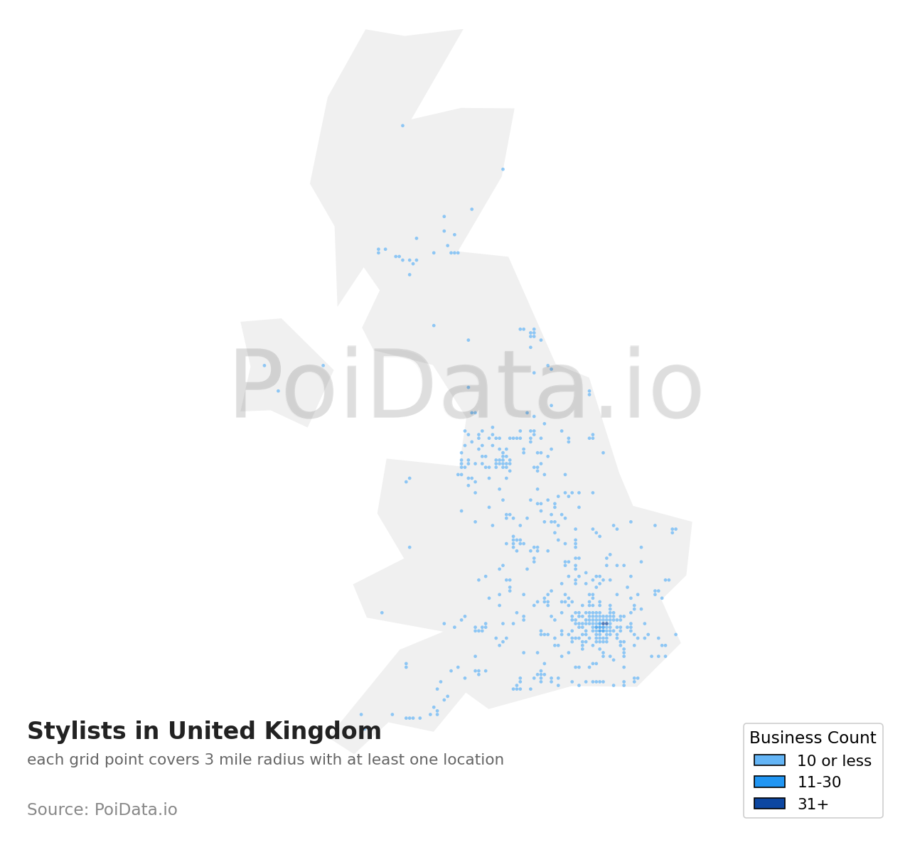 Stylist density map for United Kingdom