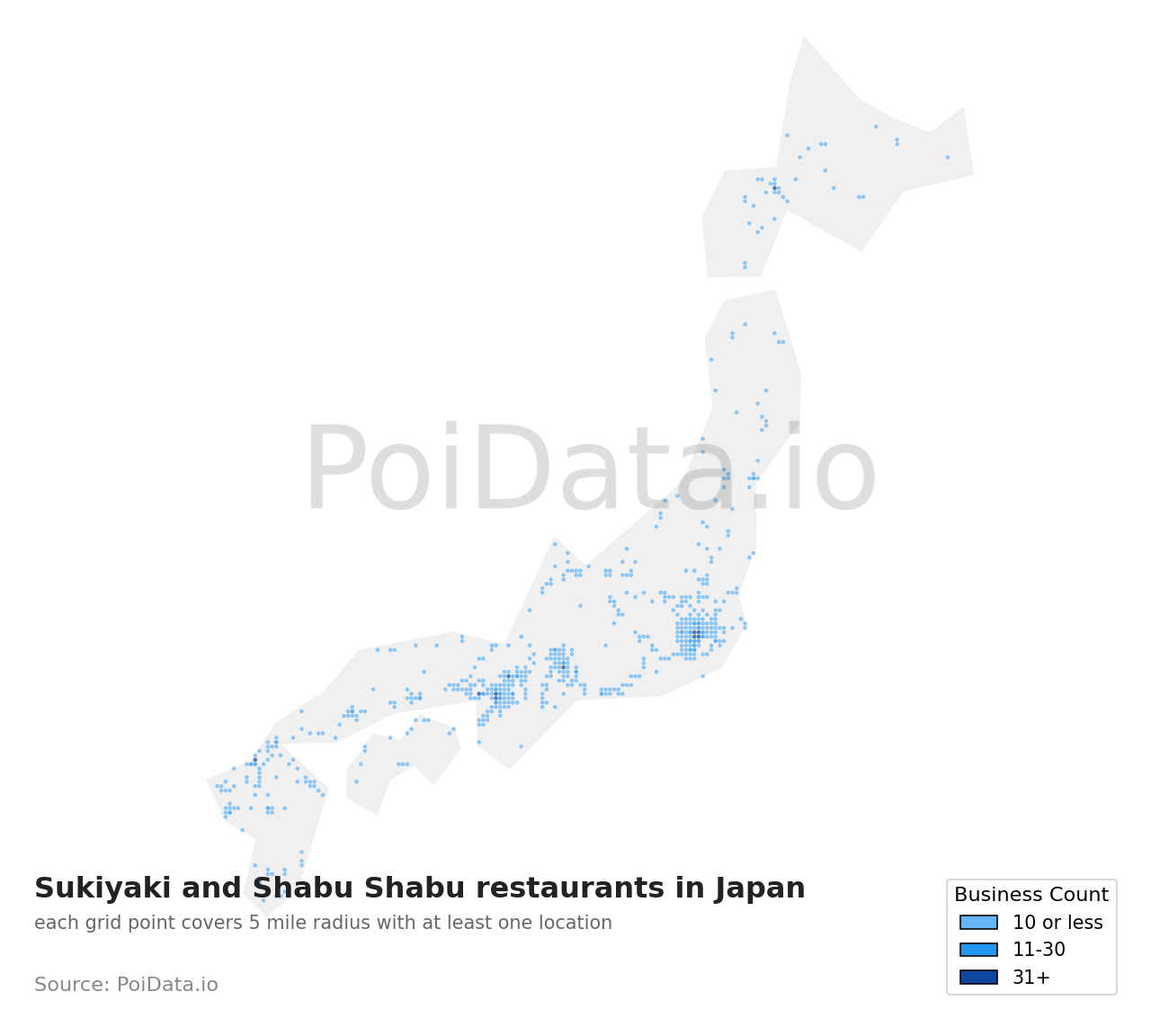 Sukiyaki and Shabu Shabu restaurant density map for Japan