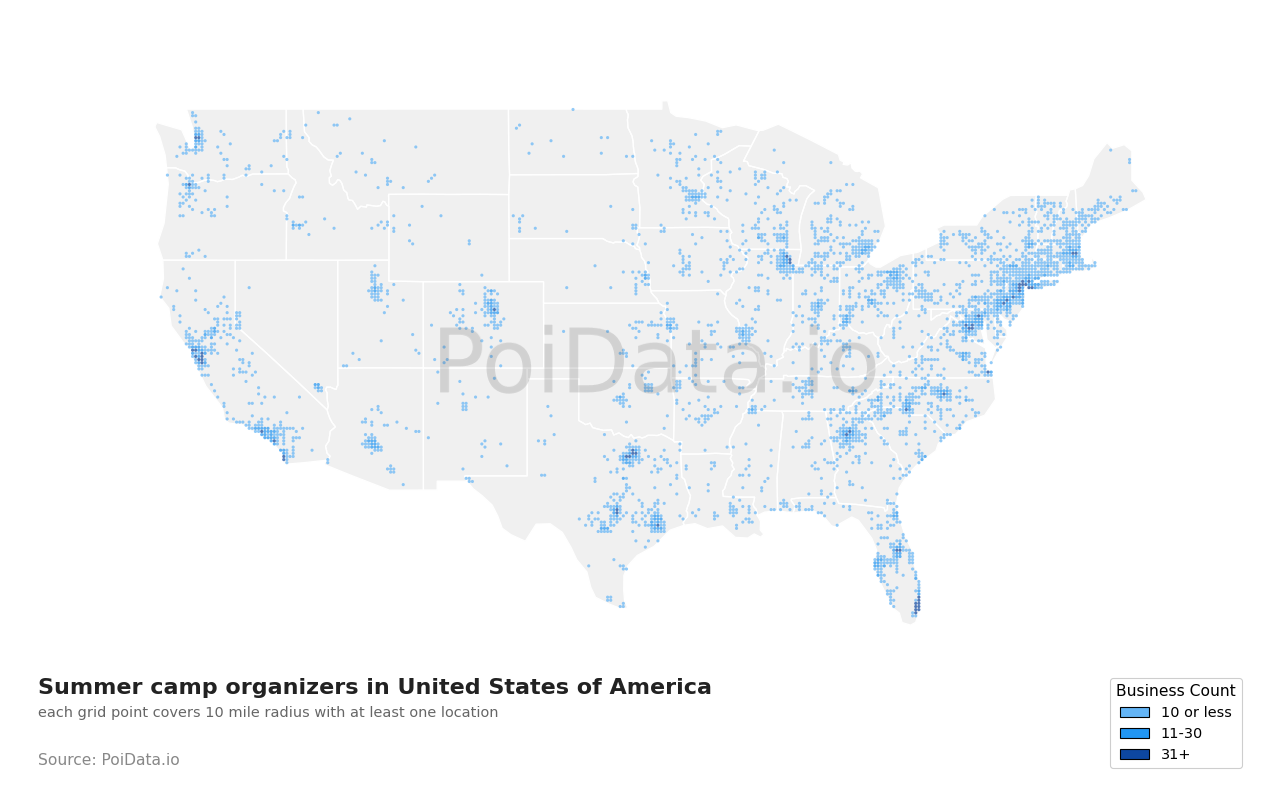 Summer camp organizer density map for California, United States