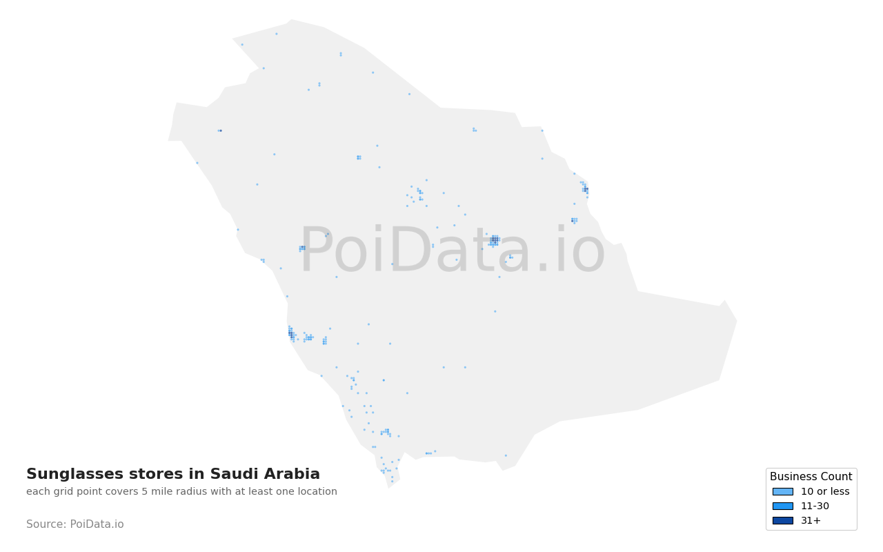 Sunglasses store density map for Saudi Arabia