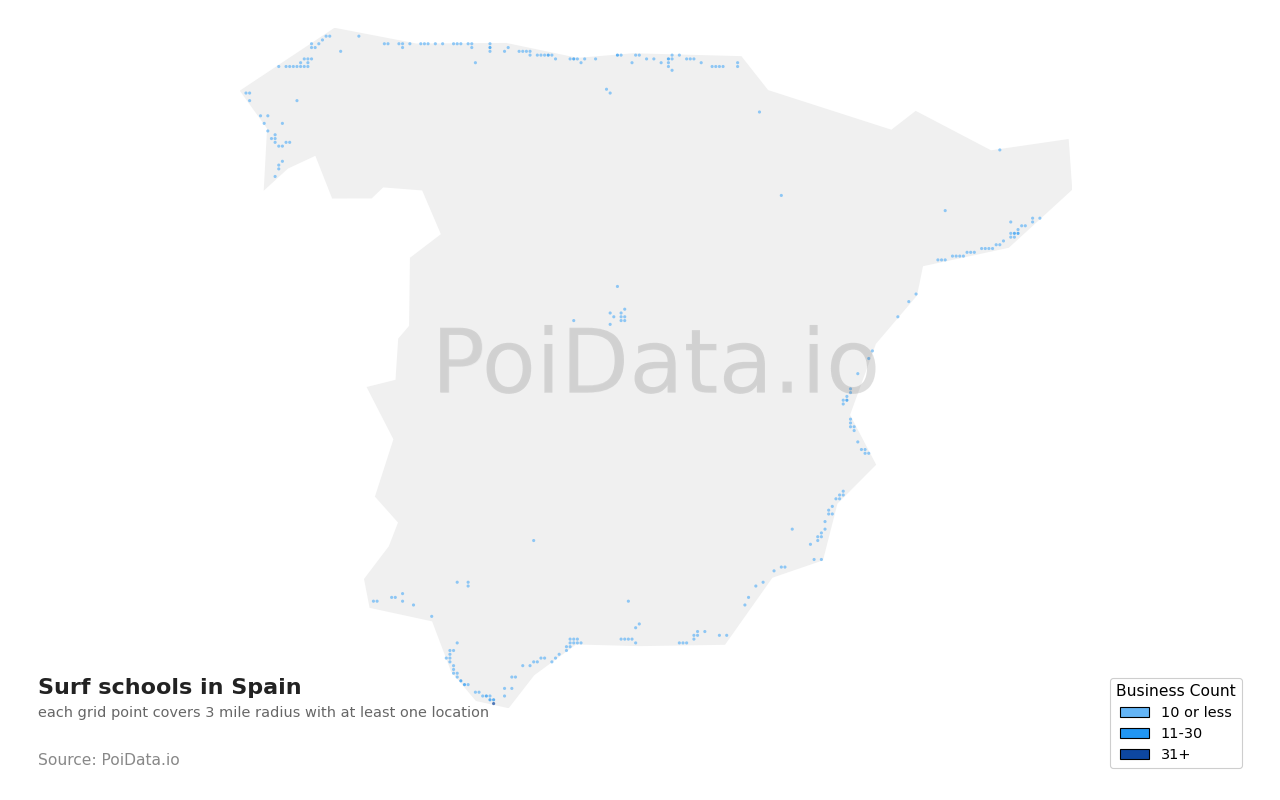 Surf school density map for Spain