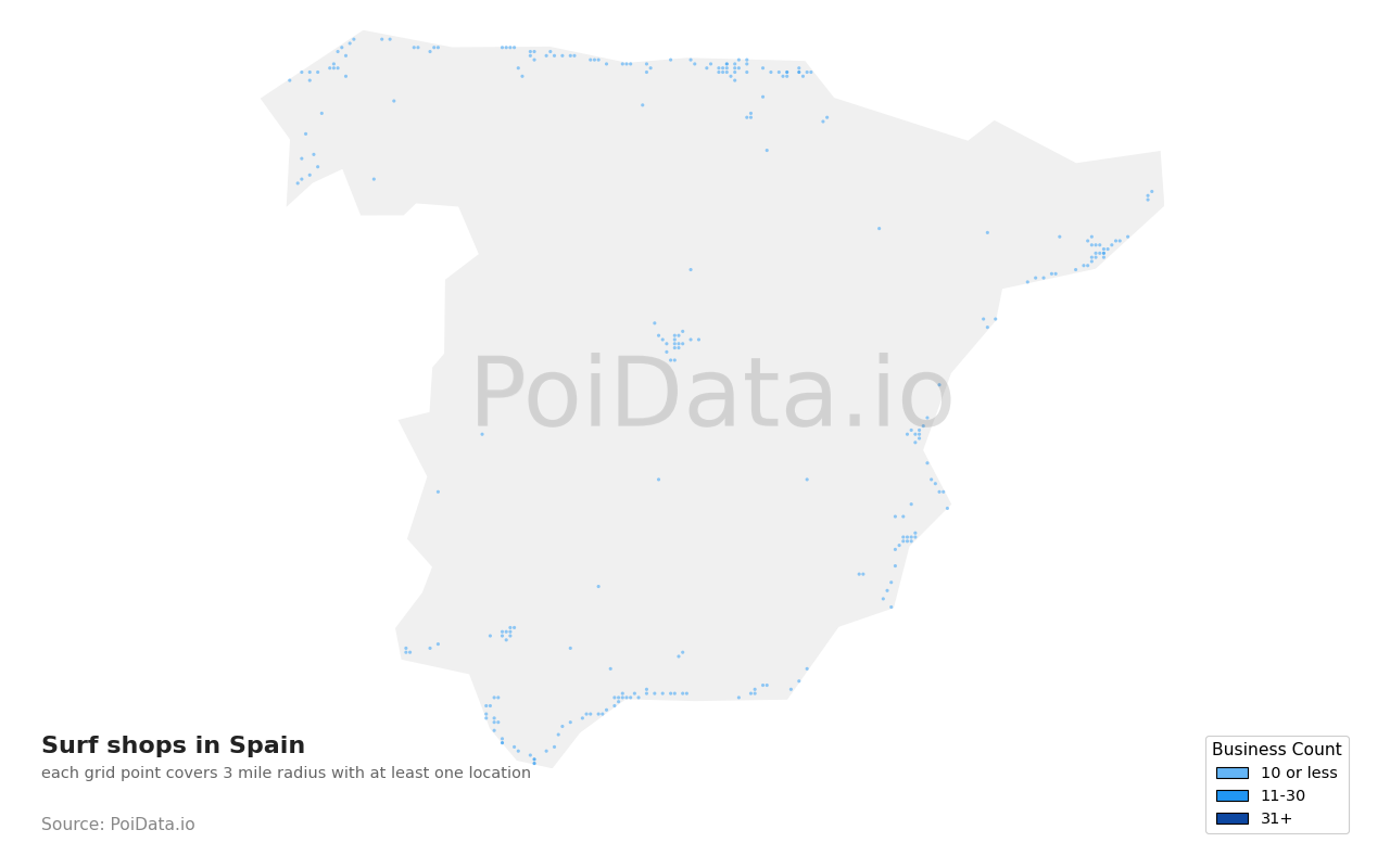 Surf shop density map for Spain