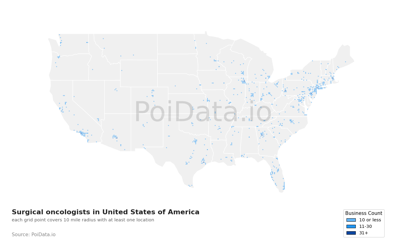 Surgical oncologist density map for United States