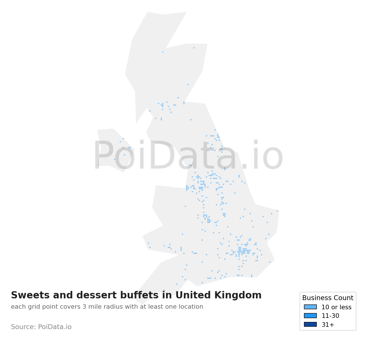 Sweets and dessert buffet density map for United Kingdom