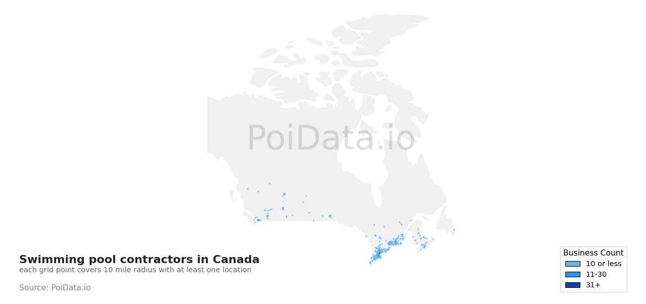 Swimming pool contractor density map for Quebec, Canada