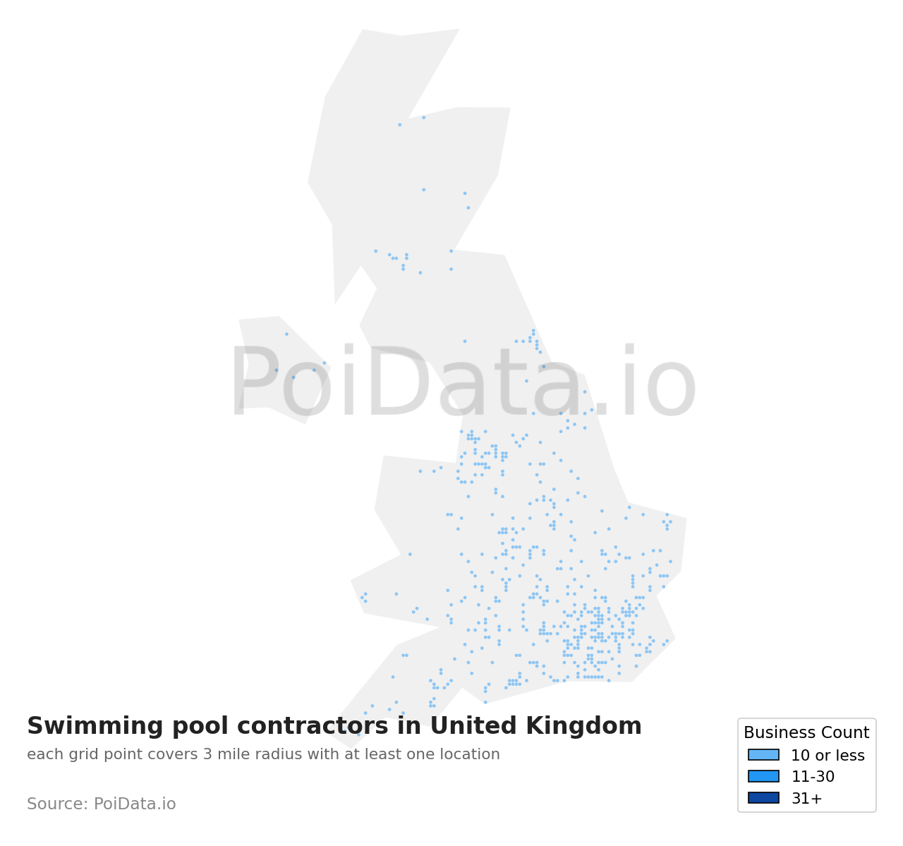 Swimming pool contractor density map for United Kingdom