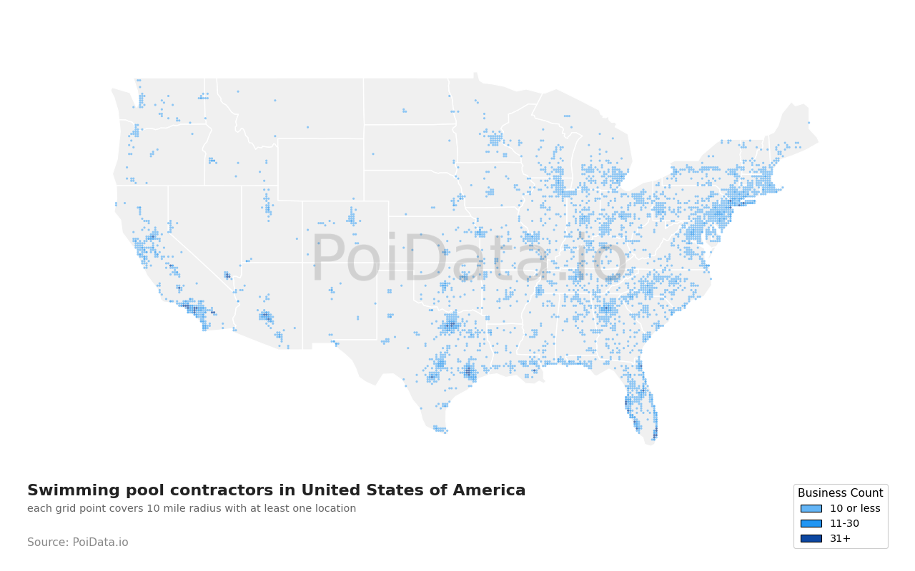 Swimming pool contractor density map for United States