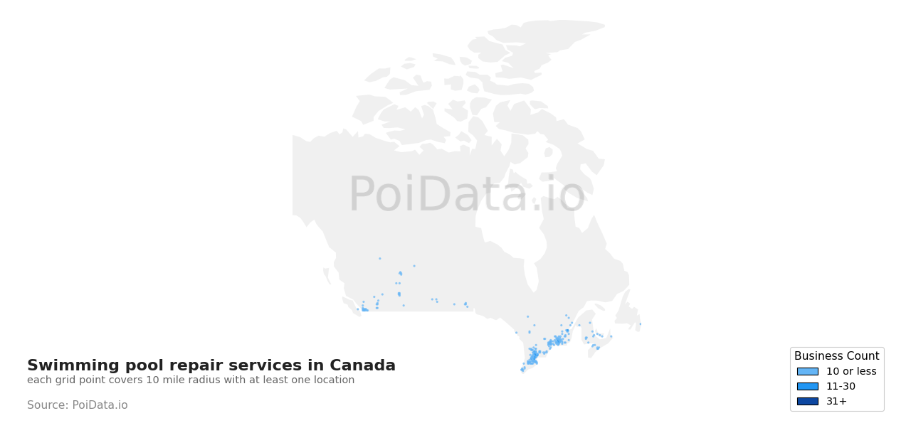 Swimming pool repair service density map for Saskatchewan, Canada