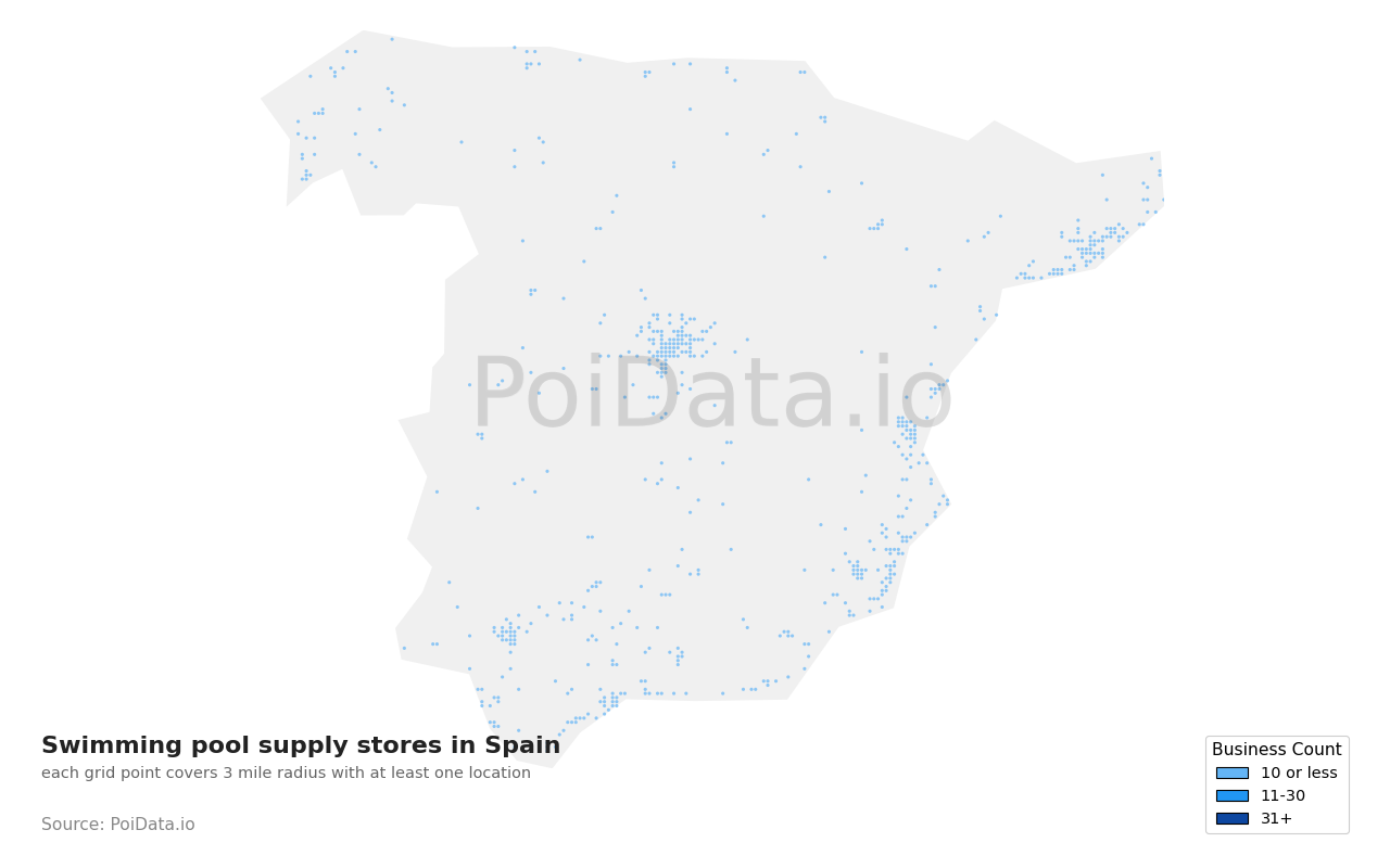 Swimming pool supply store density map for Spain