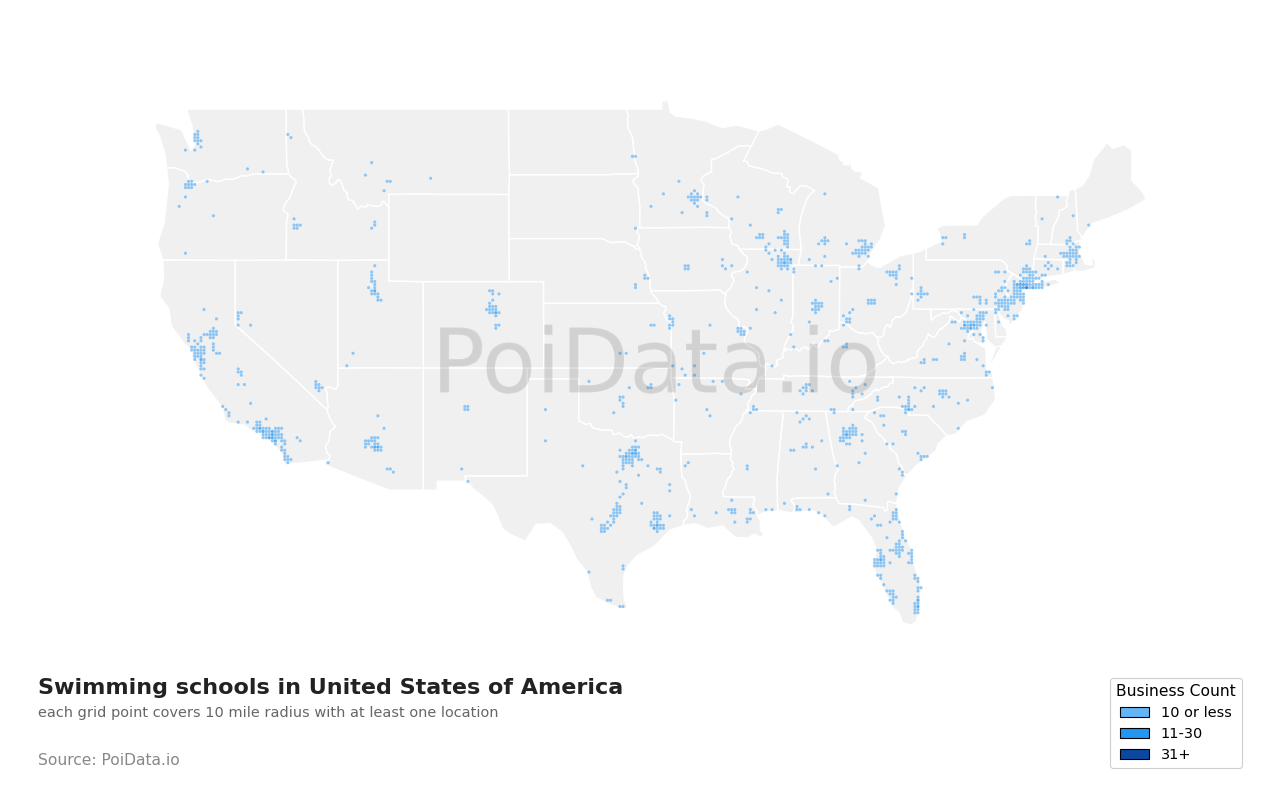 Swimming school density map for United States