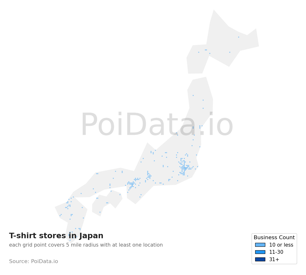 T-shirt store density map for Japan