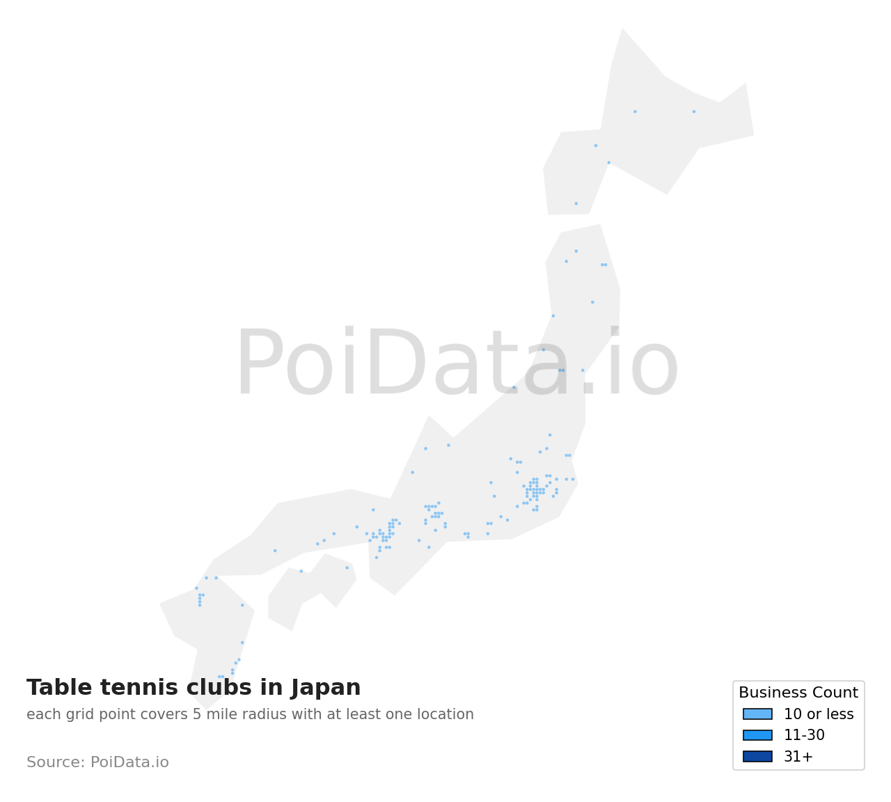 Table tennis club density map for Japan