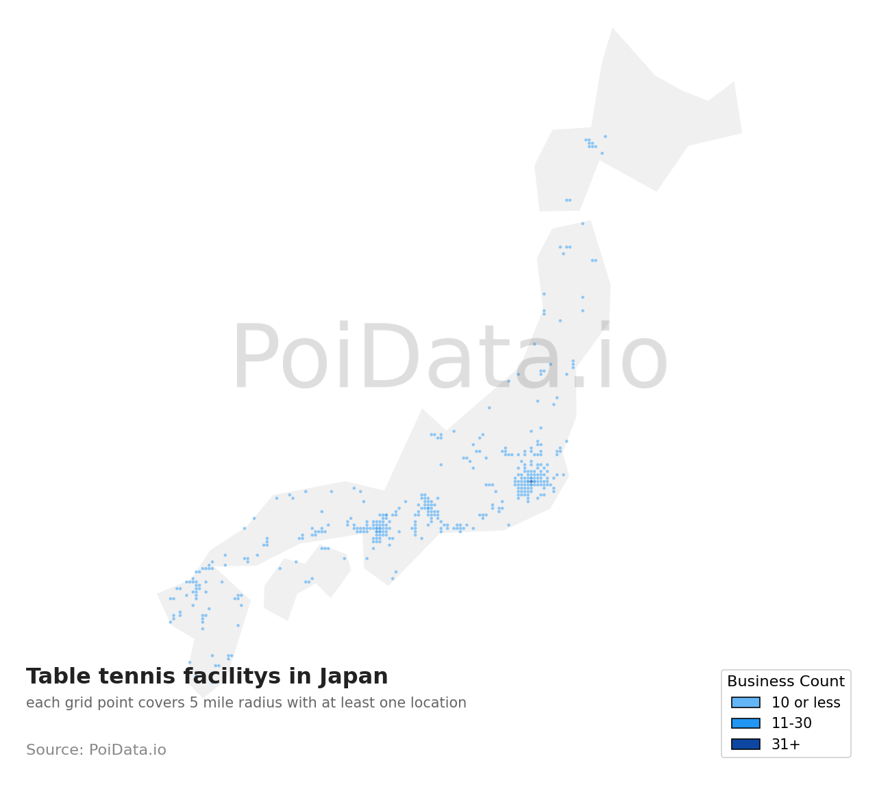 Table tennis facility density map for Japan