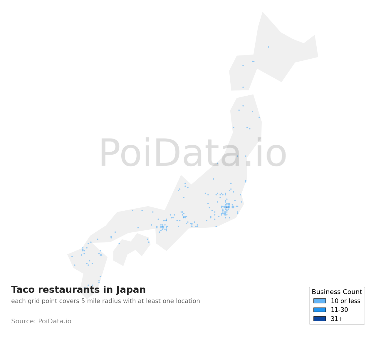 Taco restaurant density map for Japan